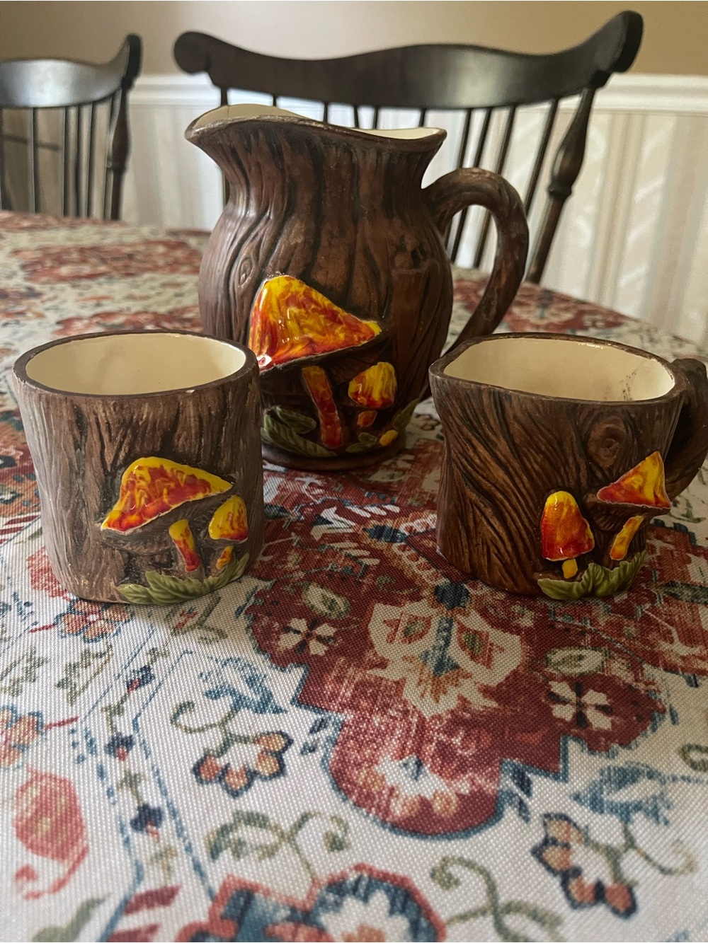 Vintage Mushroom Ceramic Pitcher and Mugs Set - Brown Orange & Yellow